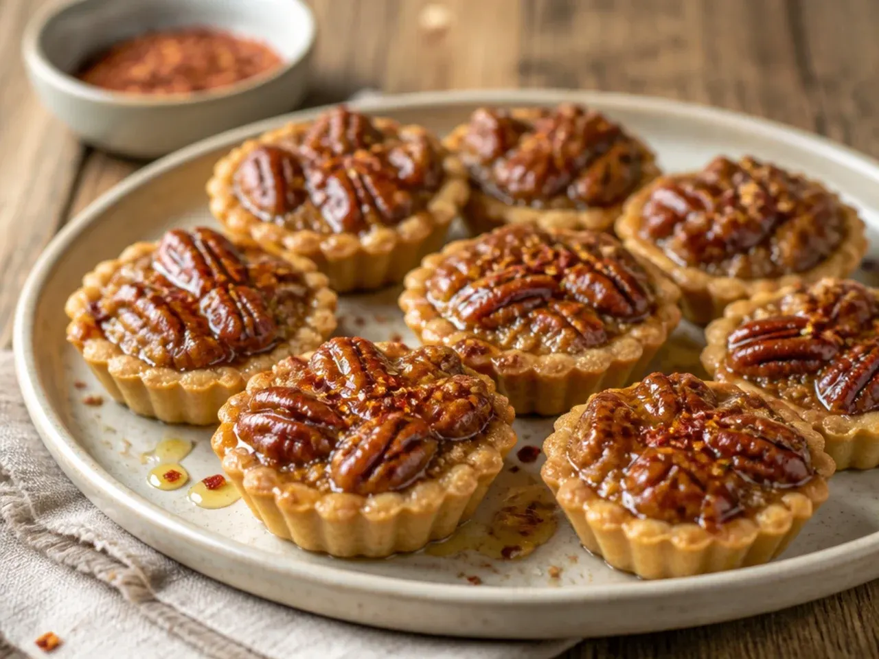 Mini pecan pies in a muffin tin fresh from the oven
