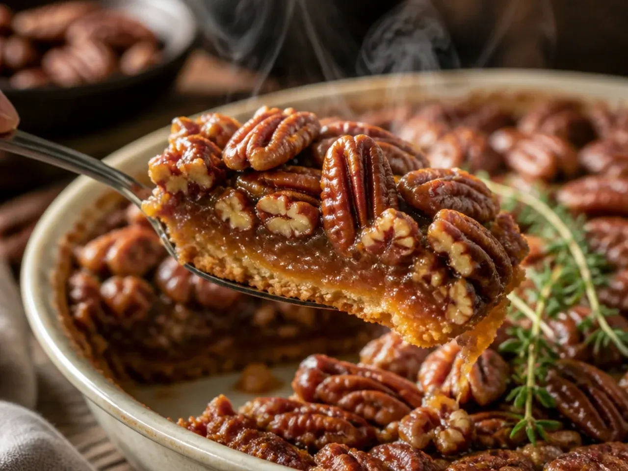 Pecan pie bars cut into neat squares on a wooden board