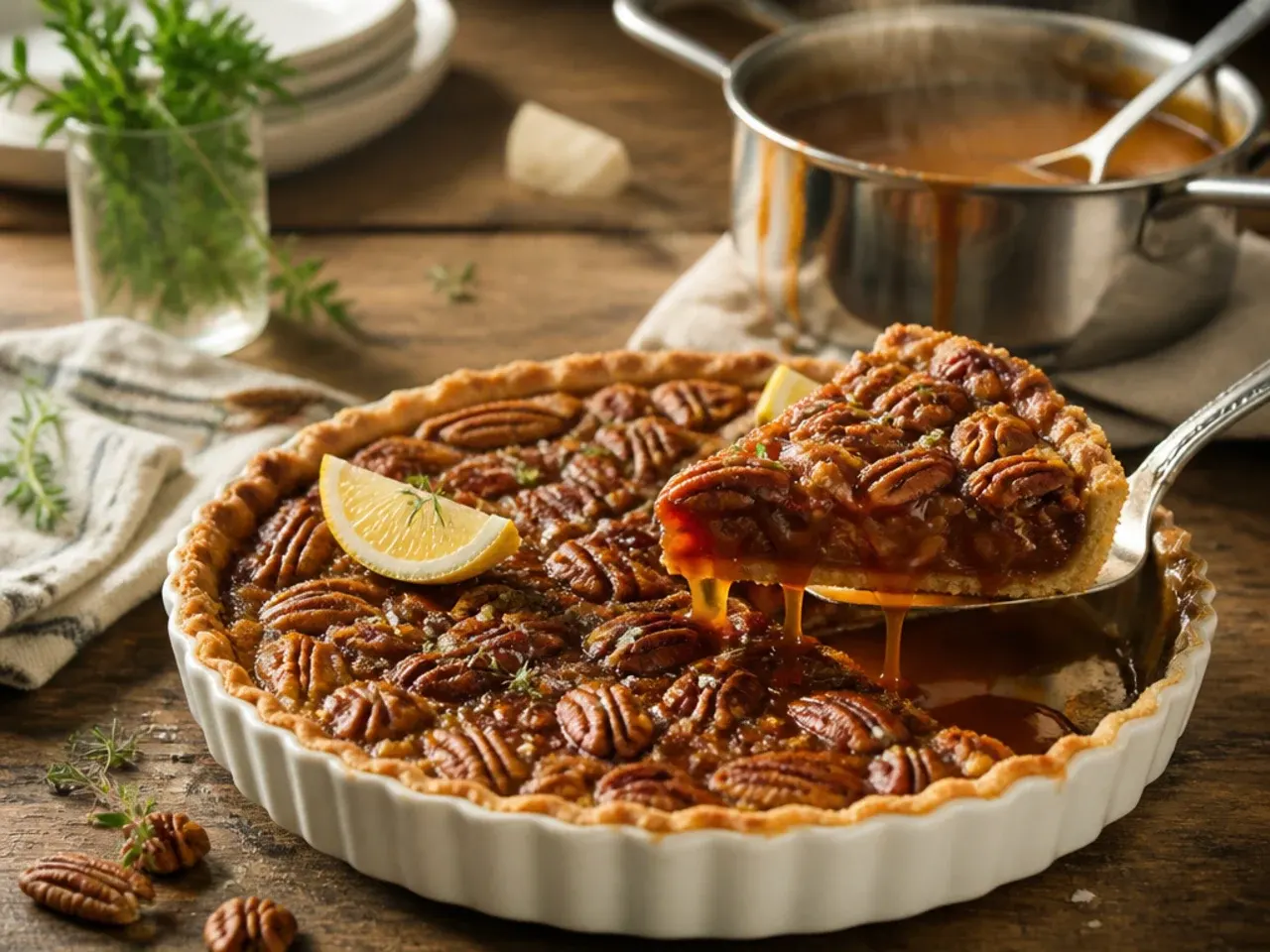 Salted caramel pecan pie drizzled with caramel sauce and flaky salt