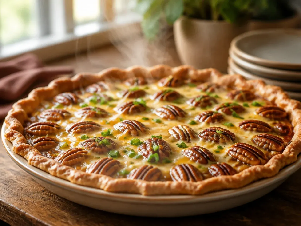Large family-size pecan pie in a deep dish, sliced for a crowd