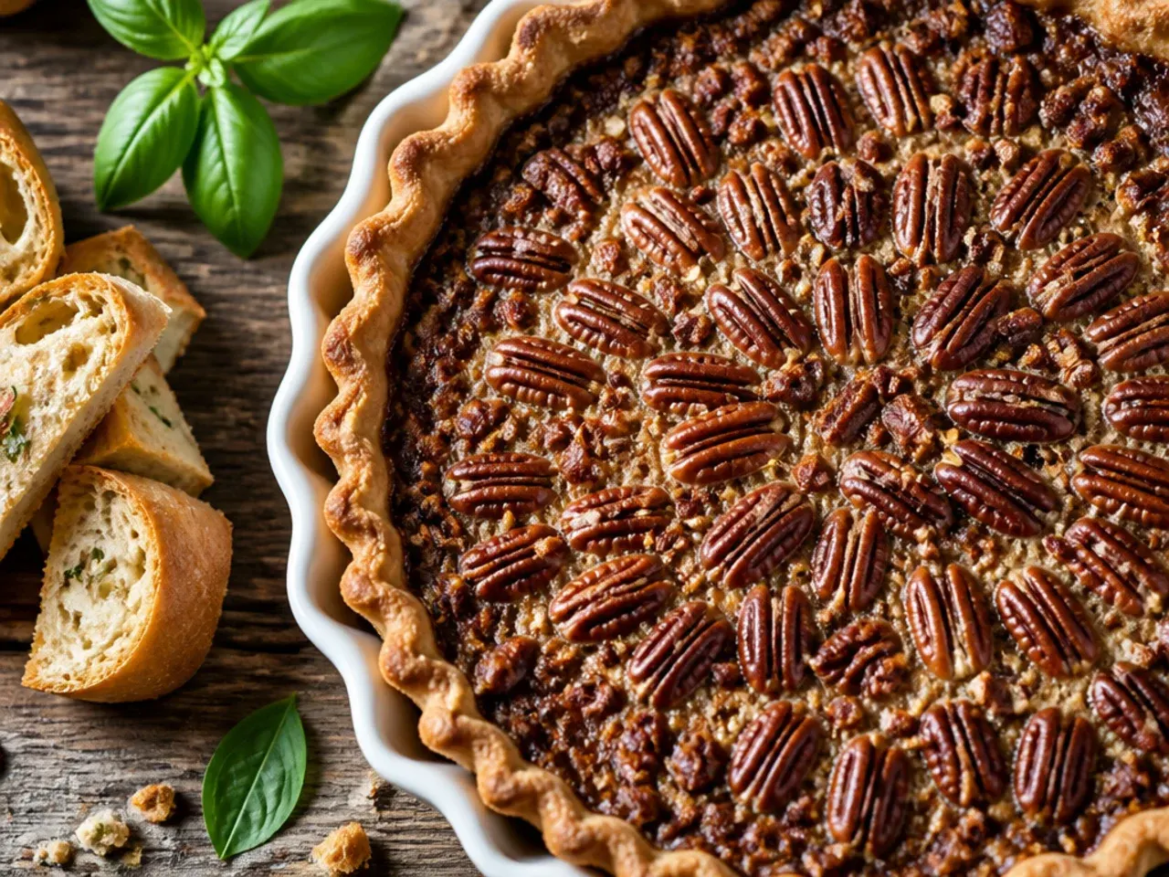Brown butter pecan pie with a deep golden filling