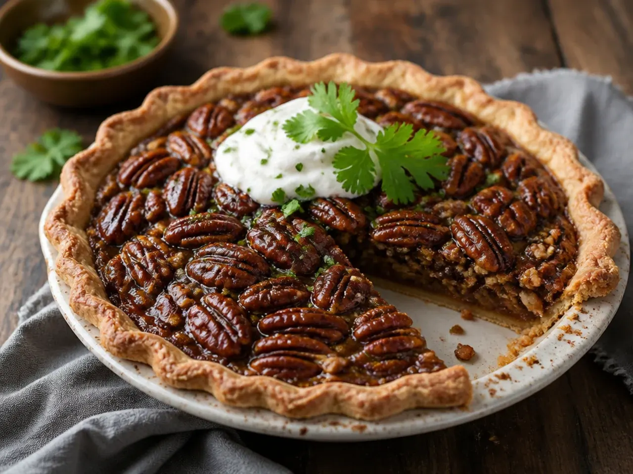 No-bake pecan pie chilling in a glass dish