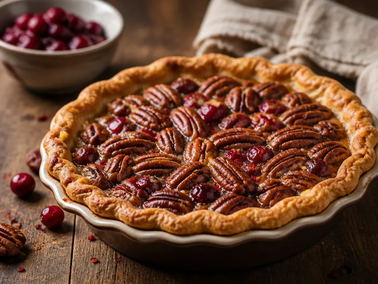 Cranberry pecan pie with bright red cranberries visible beneath the filling
