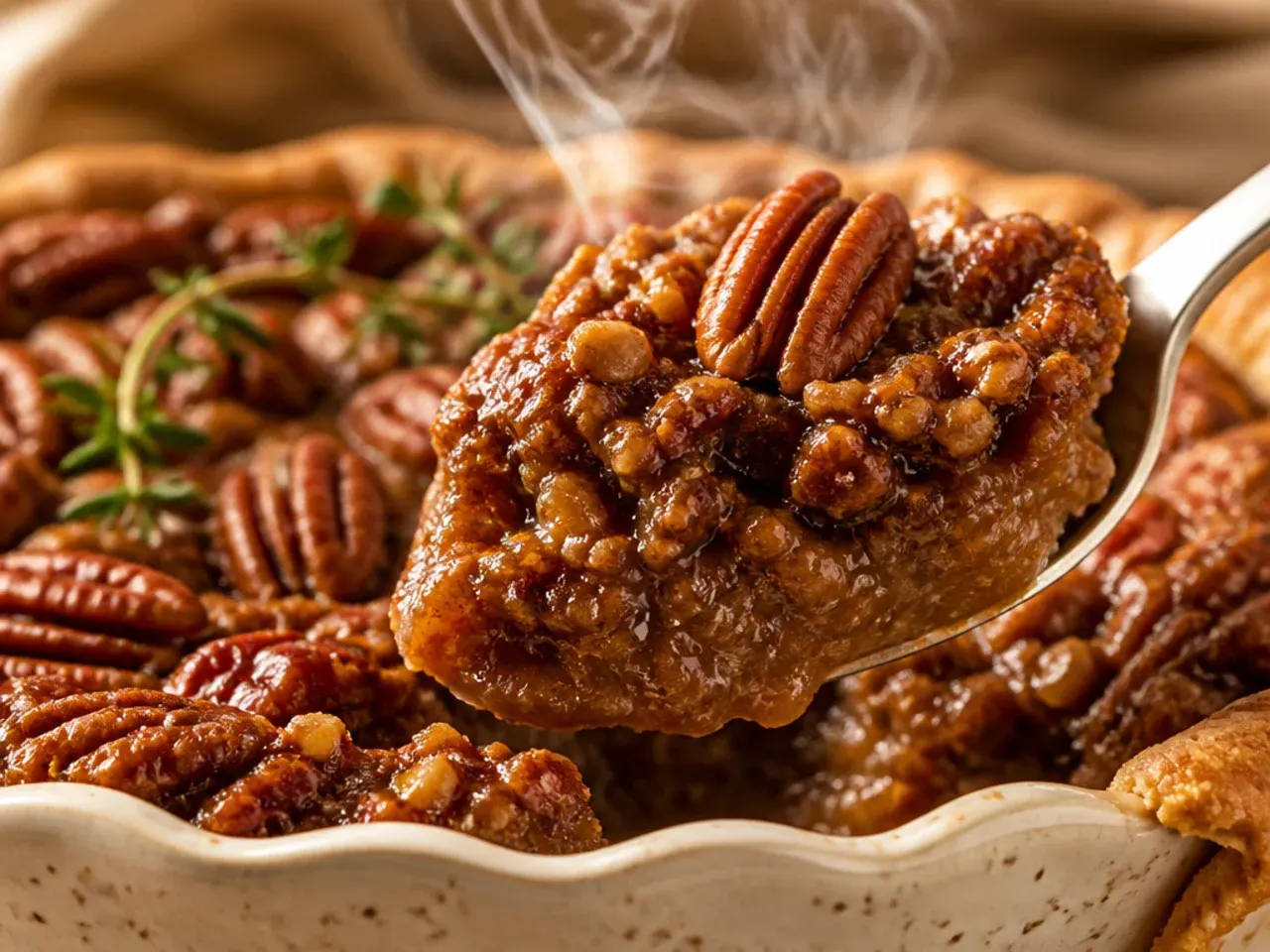 Gingerbread-spiced pecan pie dusted with a little extra cinnamon
