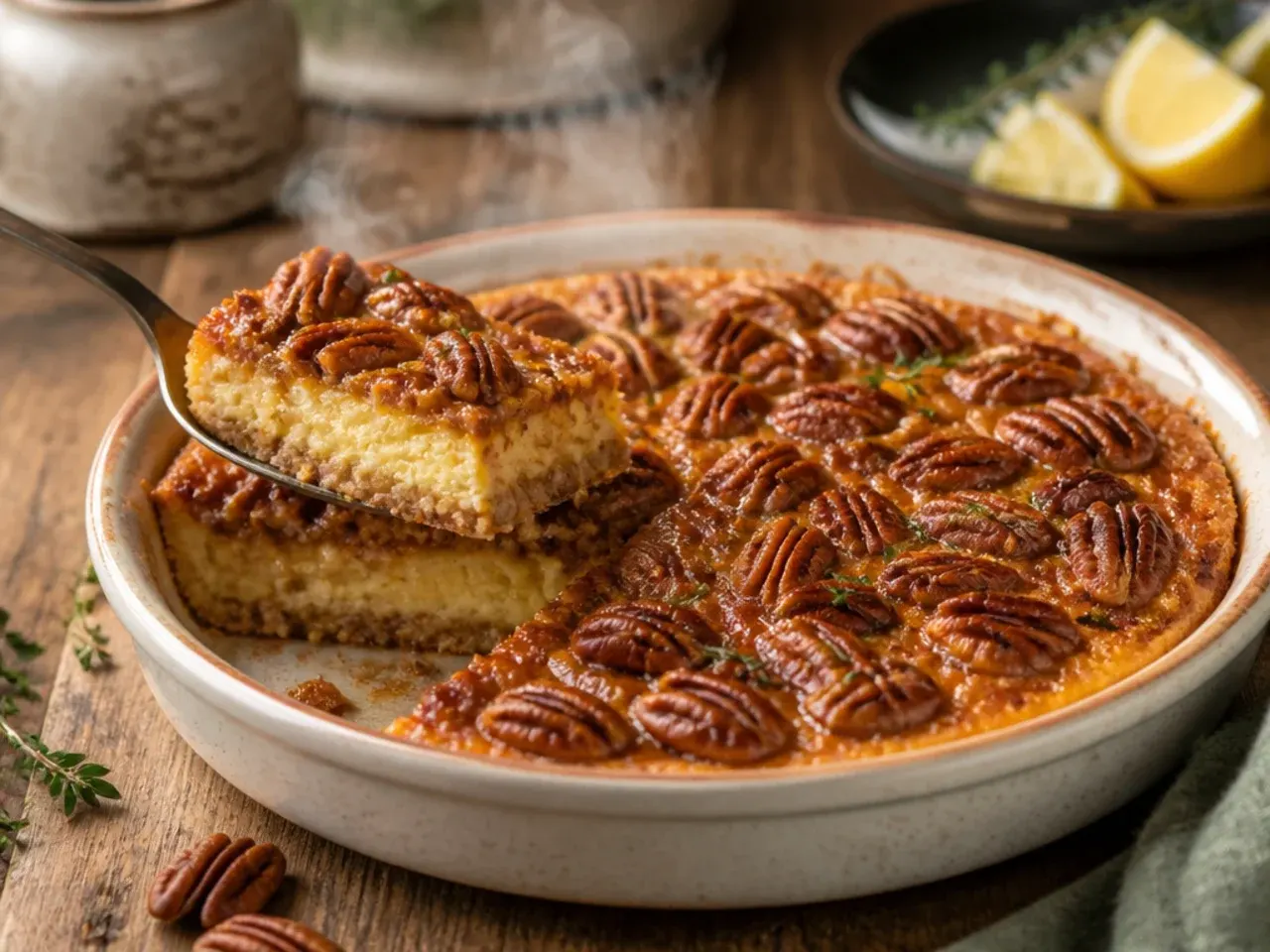 Pecan pie cheesecake bars cut into squares showing two distinct layers
