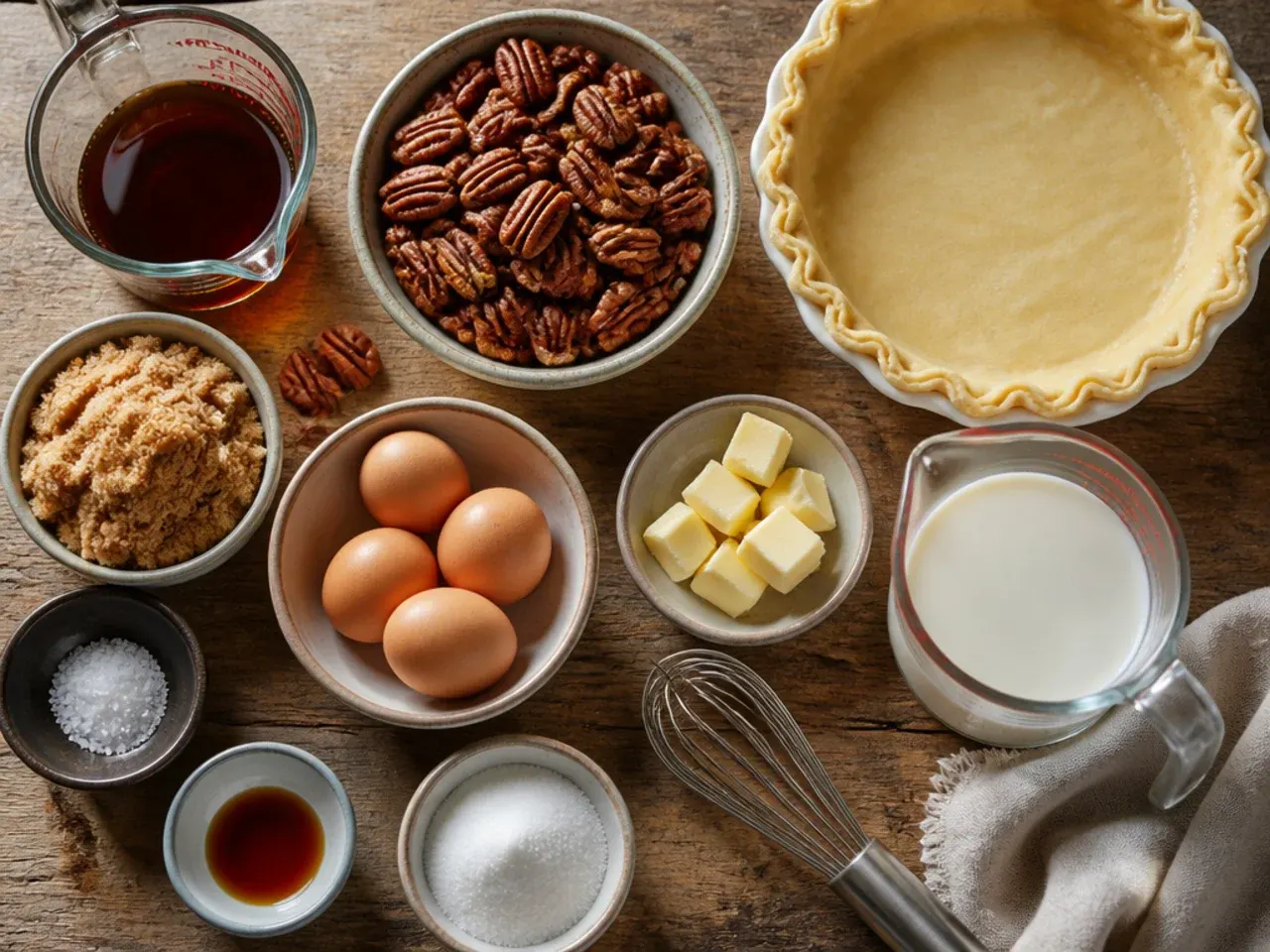 Close-up of a pecan pie filling being tested with a thermometer