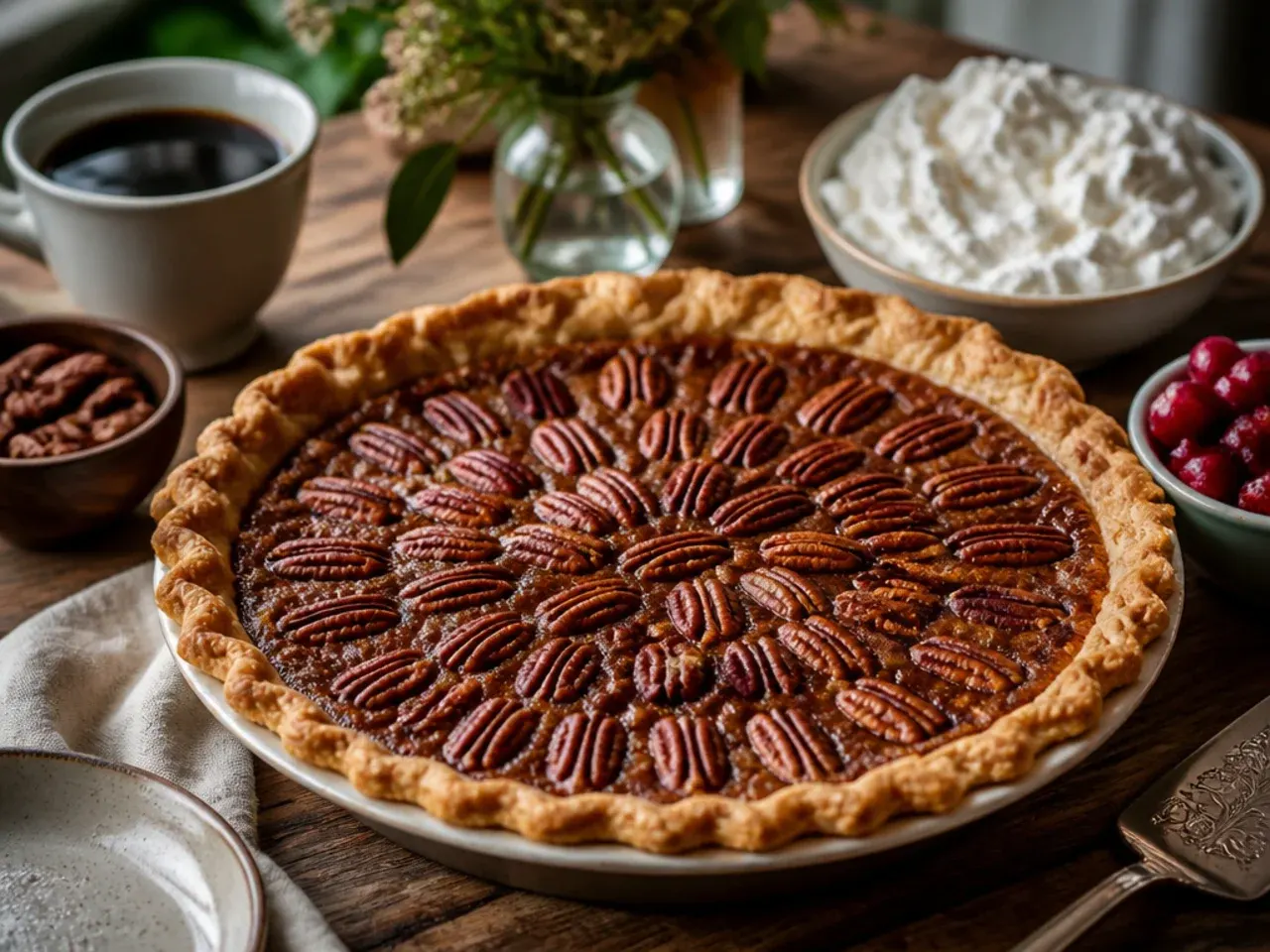 Slice of pecan pie served with a scoop of vanilla ice cream