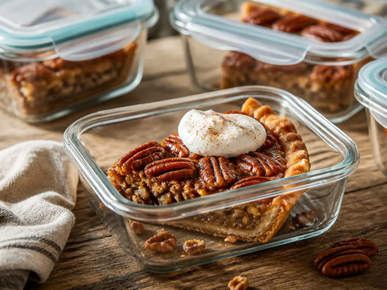 Leftover pecan pie slices covered and stored in the fridge