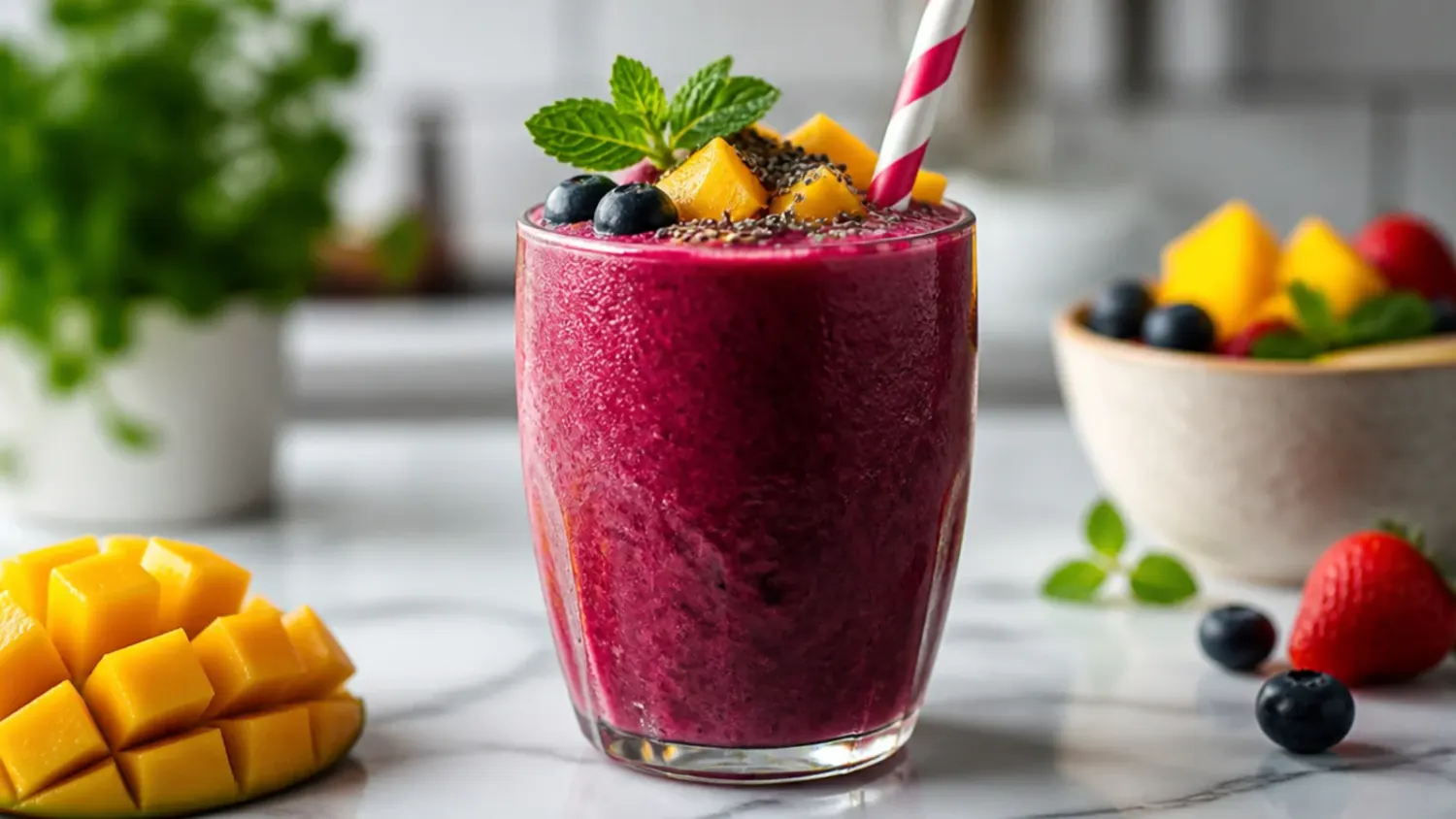 A row of colourful healthy smoothies in glasses topped with berries, granola and chia seeds on a wooden board