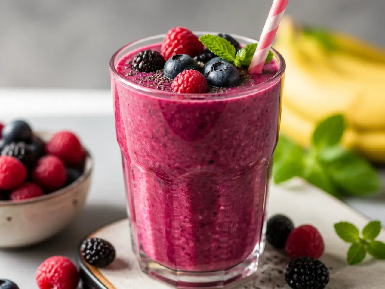 Overhead shot of a blender jug filled with spinach, banana and berries ready to blend