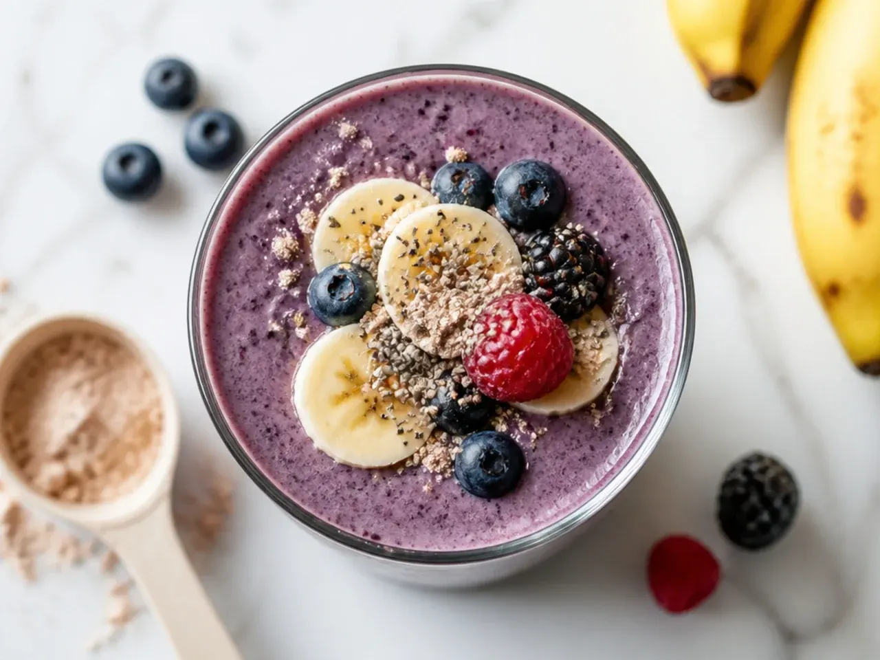 Thick banana berry protein smoothie in a tall glass with a straw