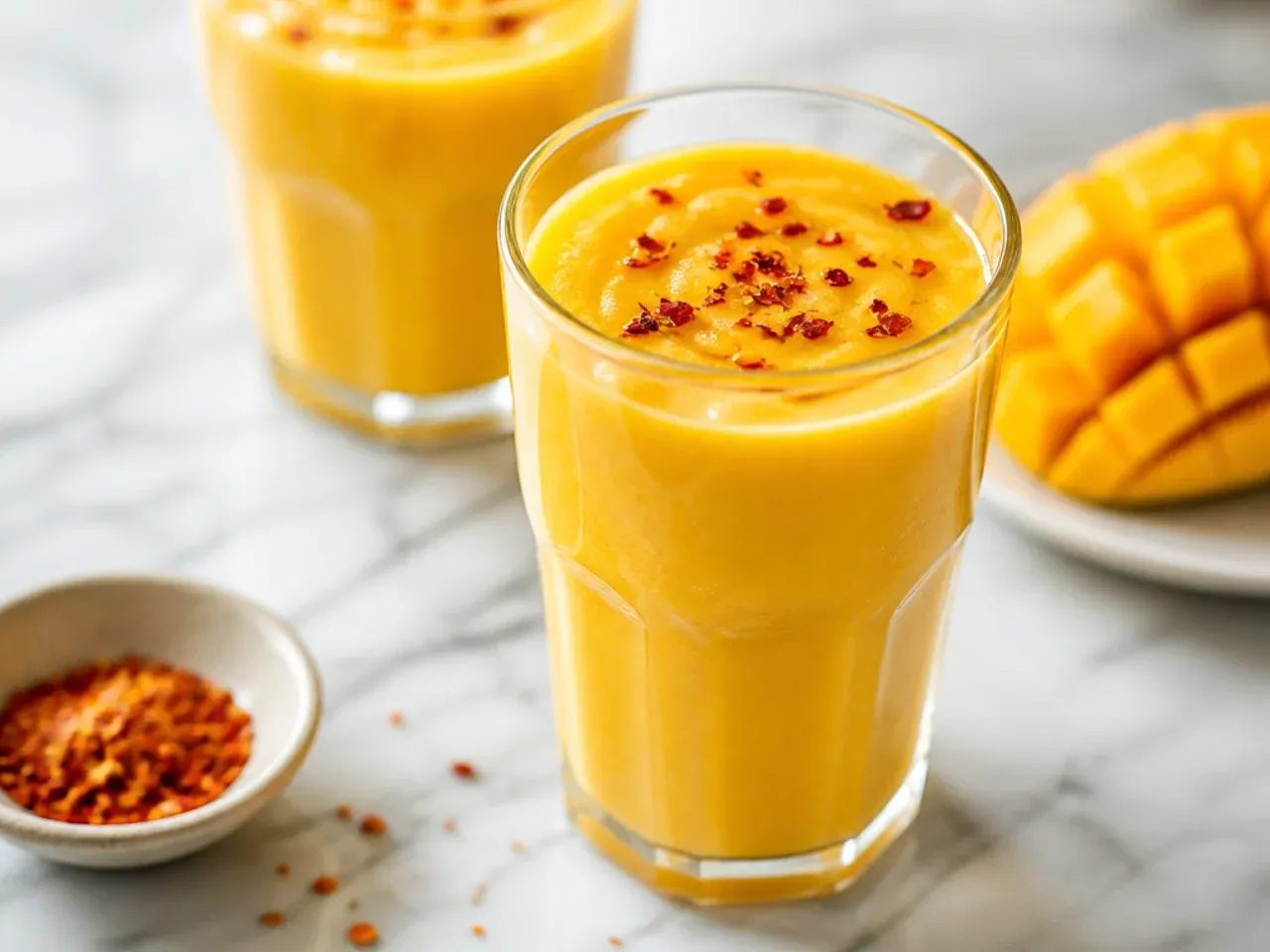 Bright orange mango smoothie in a glass jar with mango chunks on the side
