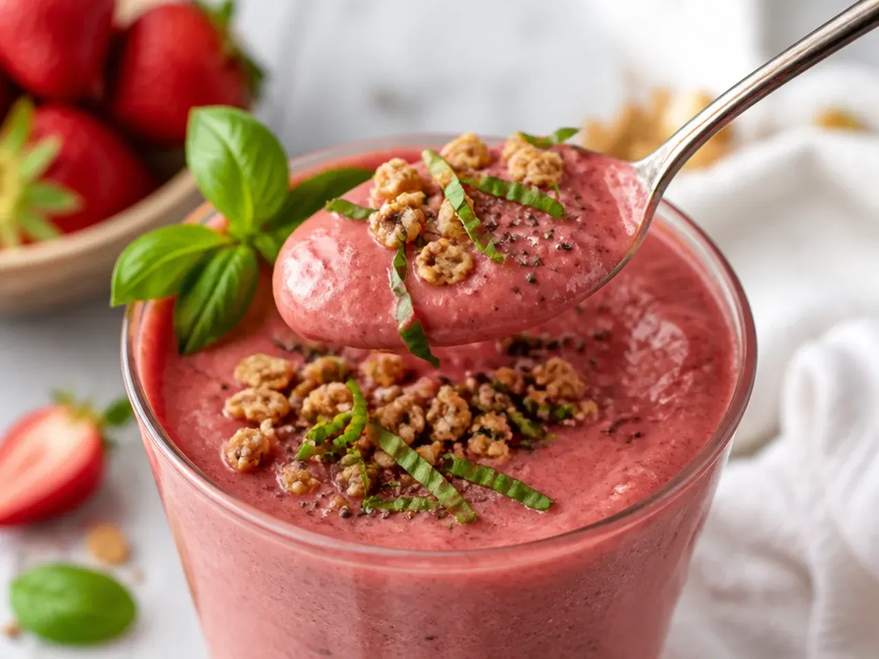 Pale pink strawberry basil smoothie garnished with a fresh basil leaf
