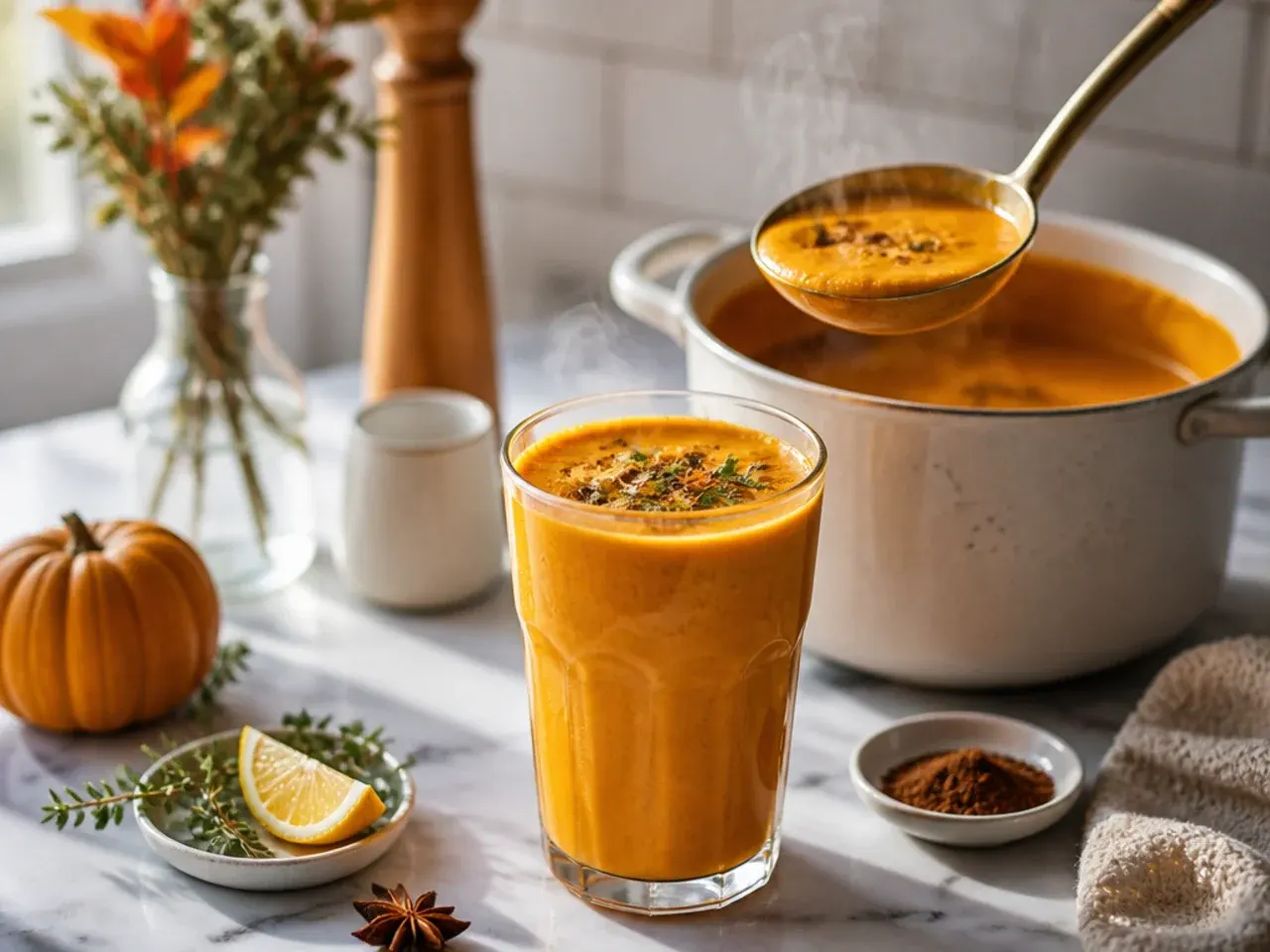 Orange spiced pumpkin smoothie topped with a sprinkle of cinnamon