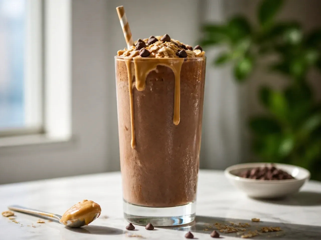 Chocolate peanut butter smoothie in a glass with a drizzle of peanut butter on top