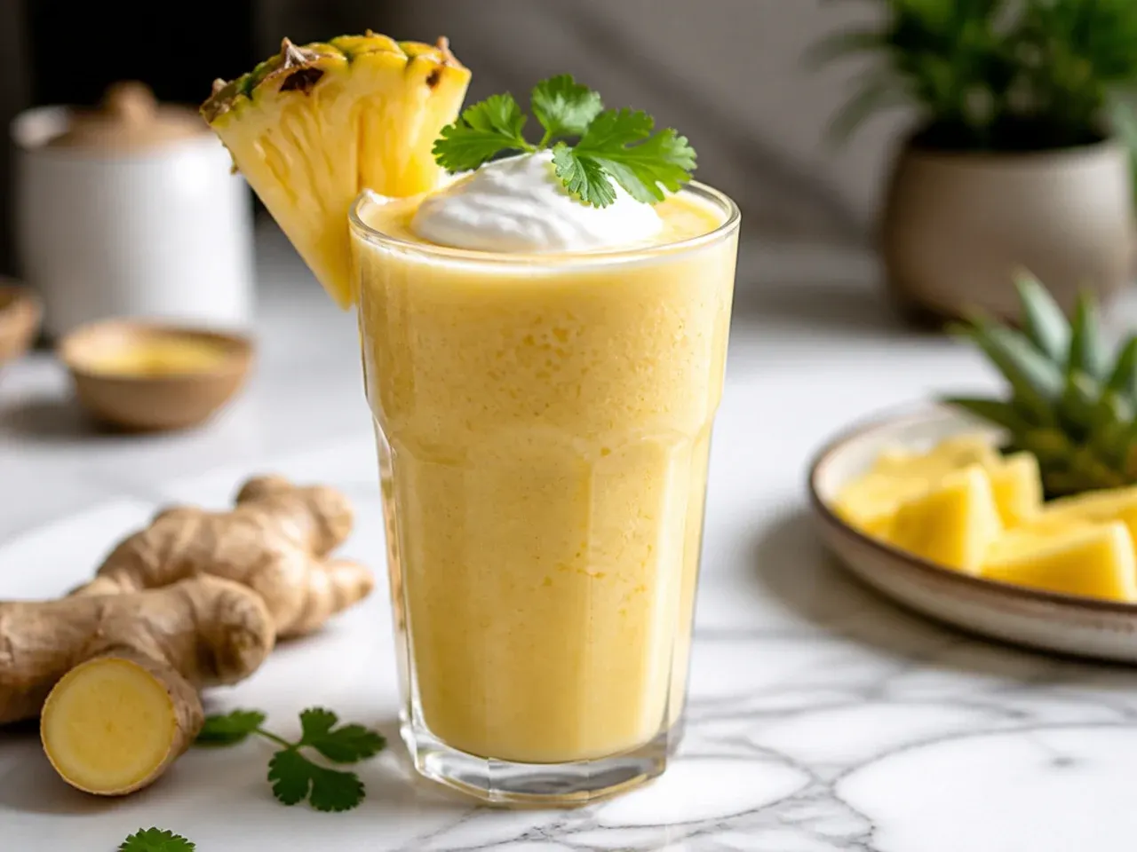 Golden pineapple ginger smoothie garnished with a lime wedge and mint
