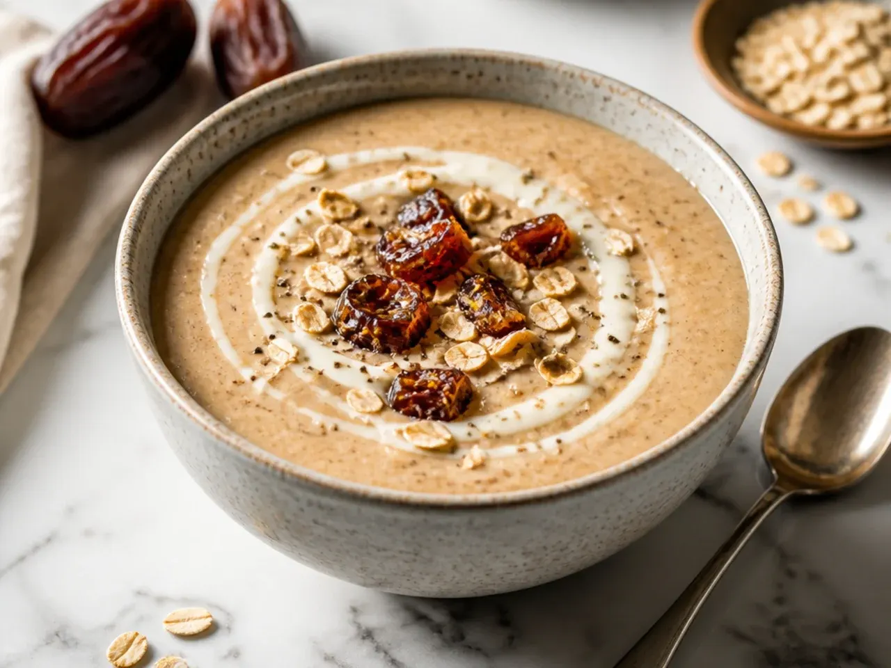 Thick oat and date smoothie in a bowl topped with granola and sliced banana