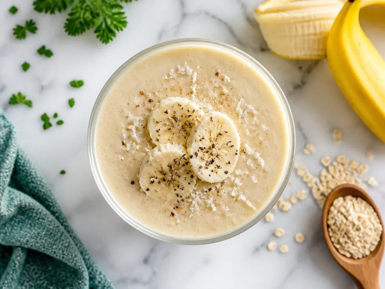 Simple frozen banana smoothie in a glass with sliced banana on the rim