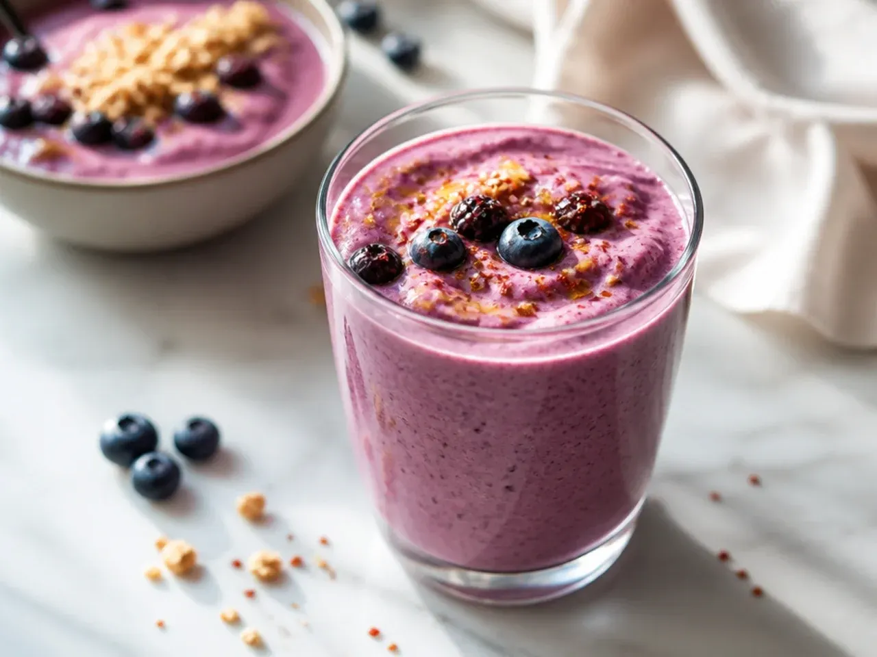 Weeknight berry smoothie in a to-go cup with a lid and straw