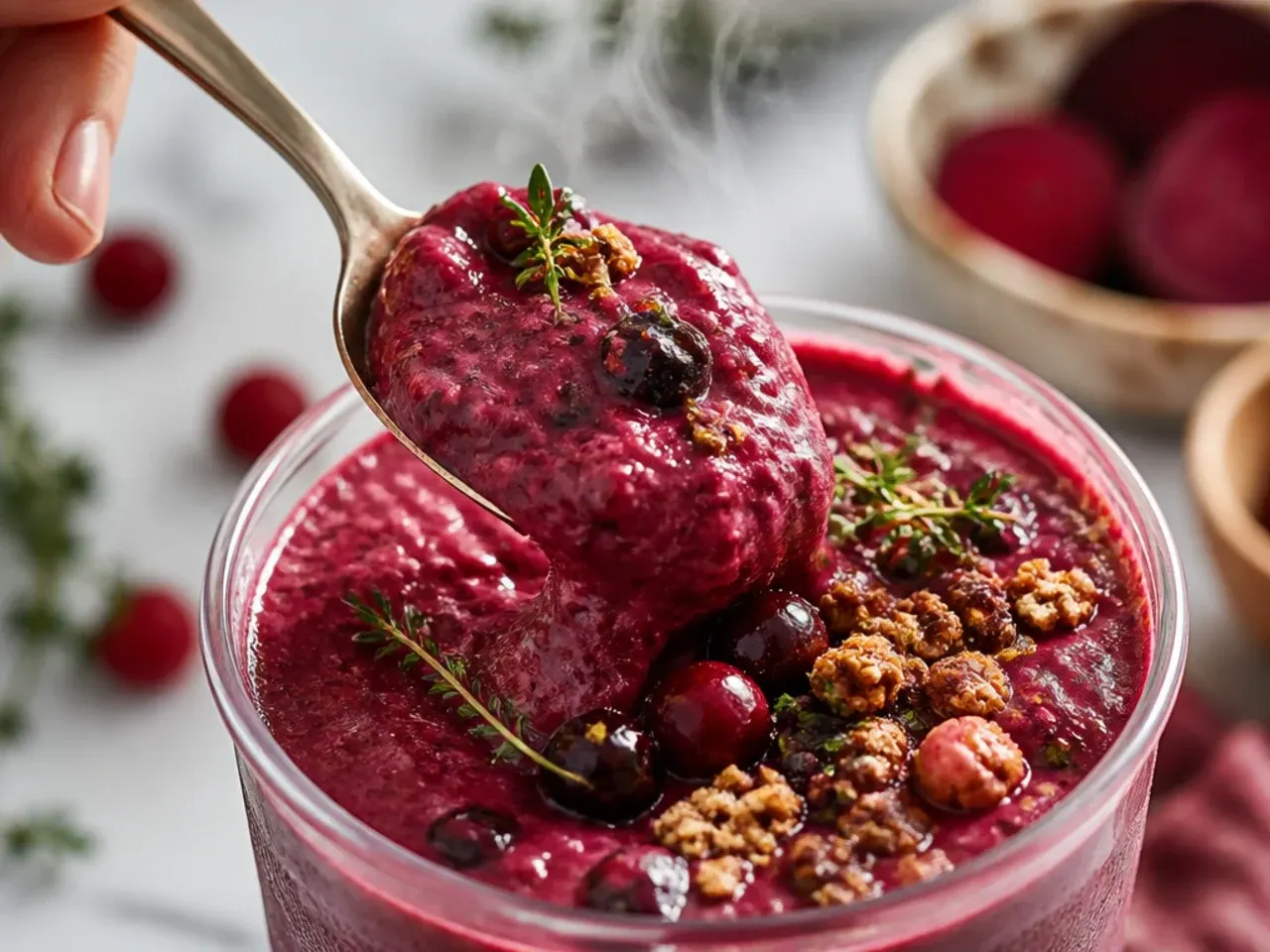 Deep magenta beetroot berry smoothie in a glass jar on a rustic wooden table
