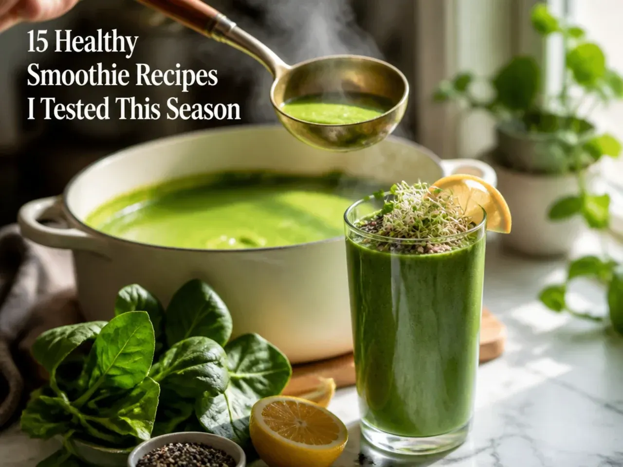Deep green loaded superfood smoothie topped with chia seeds and pineapple chunks