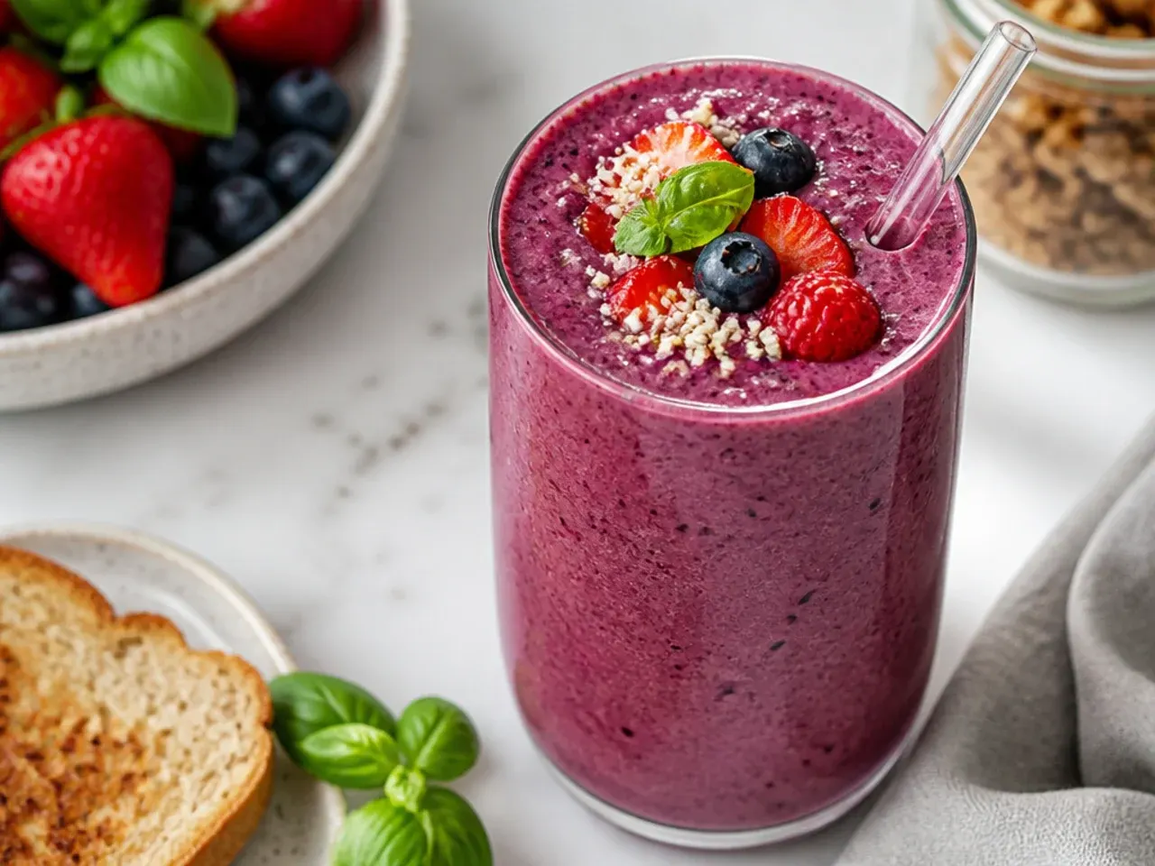 Best-ever mixed berry protein smoothie topped with granola, berries and chia seeds