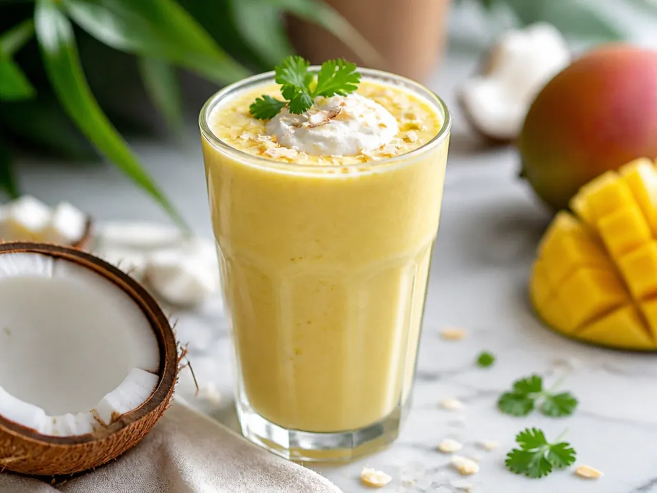Tropical coconut pineapple mango smoothie in a glass with a pineapple wedge garnish