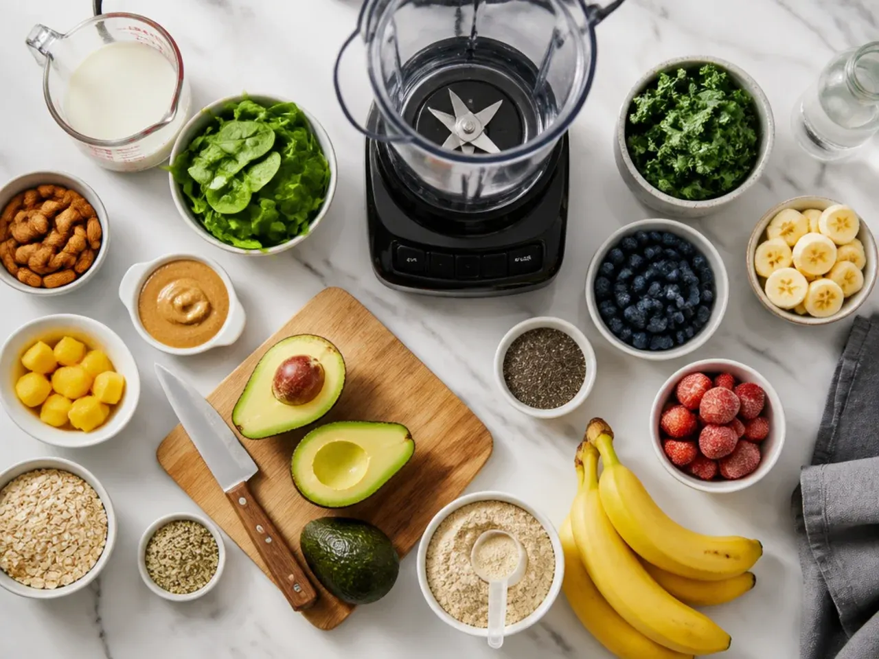Close-up of a blender jug mid-blend with a smooth healthy smoothie forming
