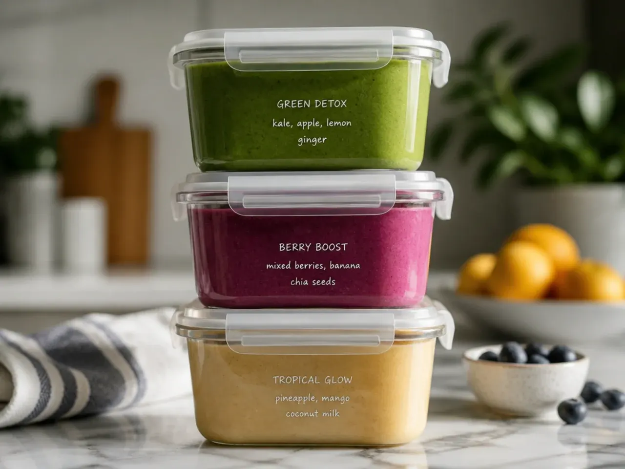 Labelled freezer bags of smoothie ingredients ready for blending, next to a jar of finished smoothie