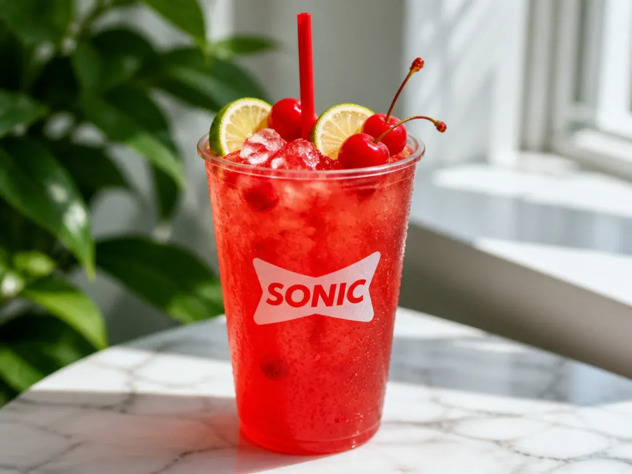 Overhead view of ingredients for copycat Sonic drinks including limes, cherry syrup, soda cans and crushed ice