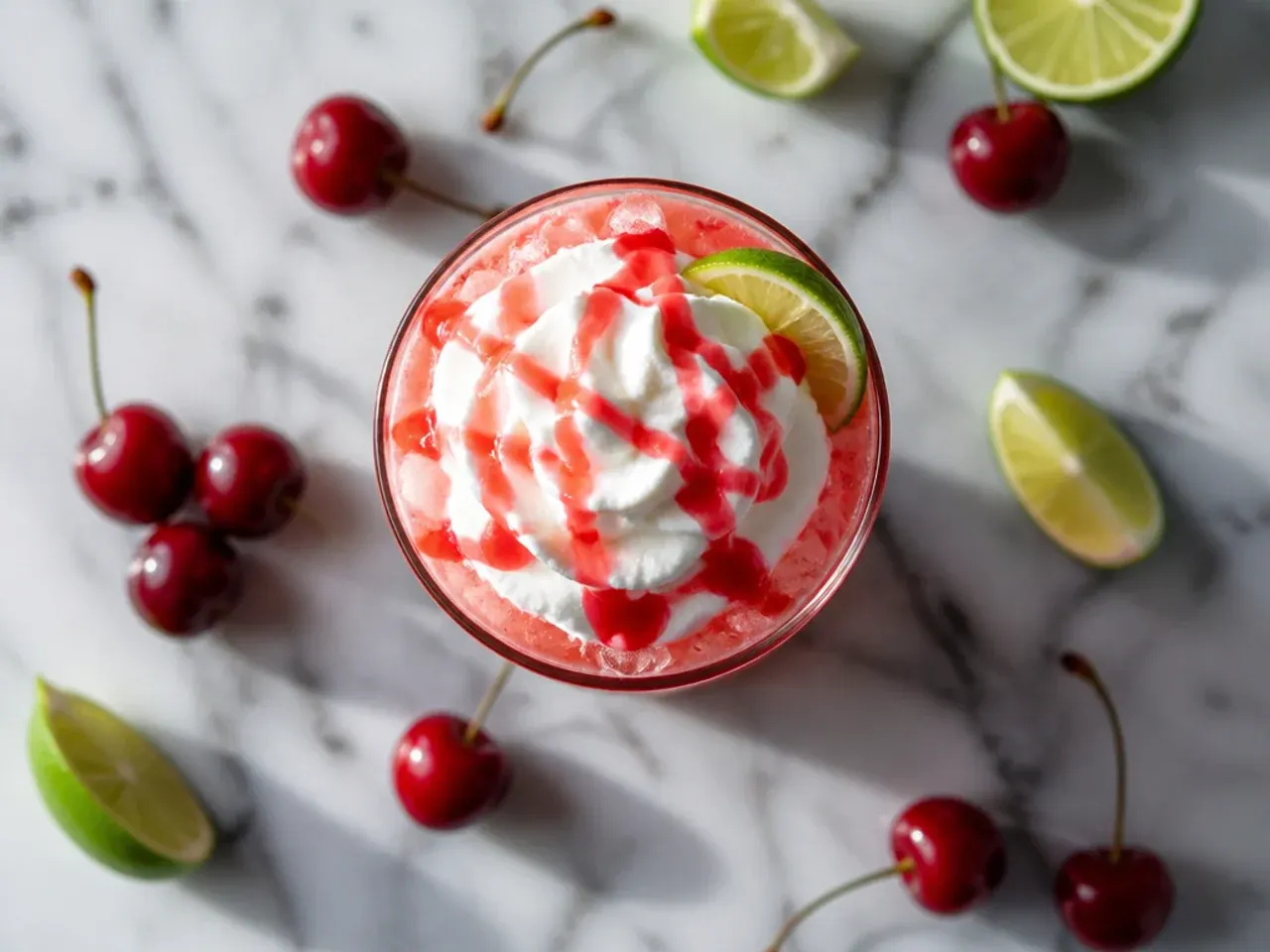 Tall glass of iced cherry limeade with lime wedges and maraschino cherries, condensation on the glass