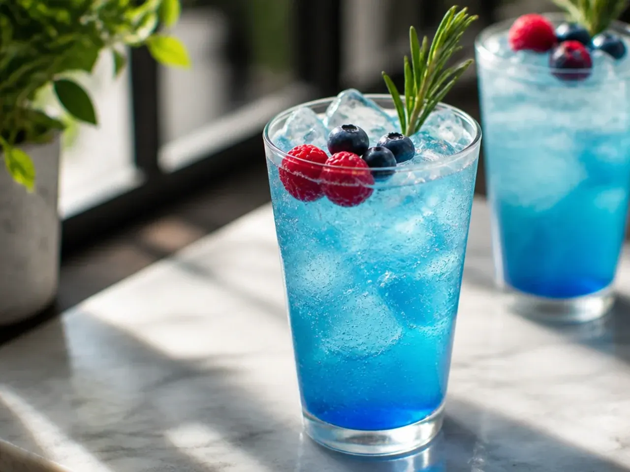 Bright turquoise Ocean Water drink in a clear cup over crushed ice with a straw