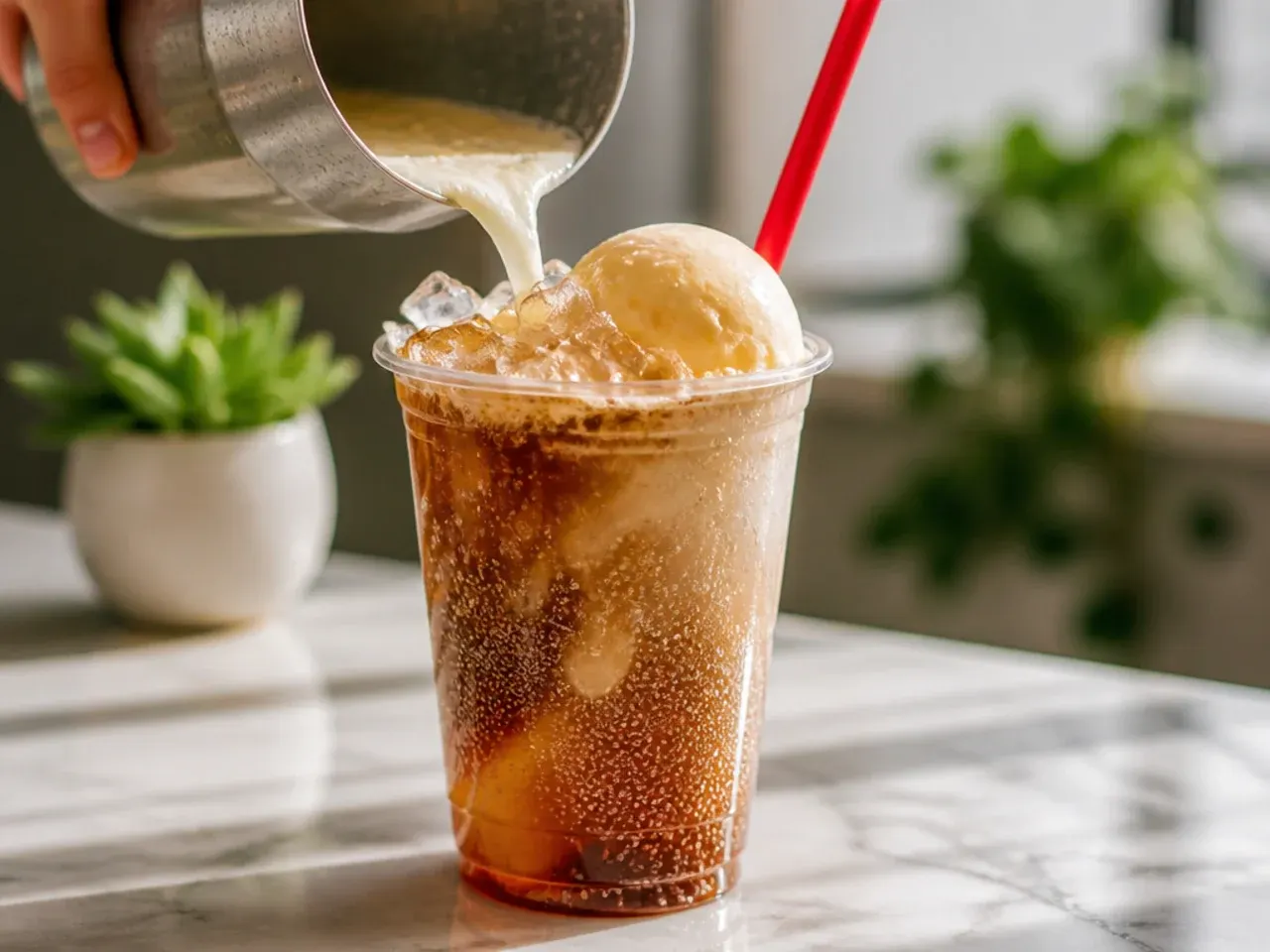 Vanilla Coke float with a scoop of vanilla ice cream foaming over the rim of a glass