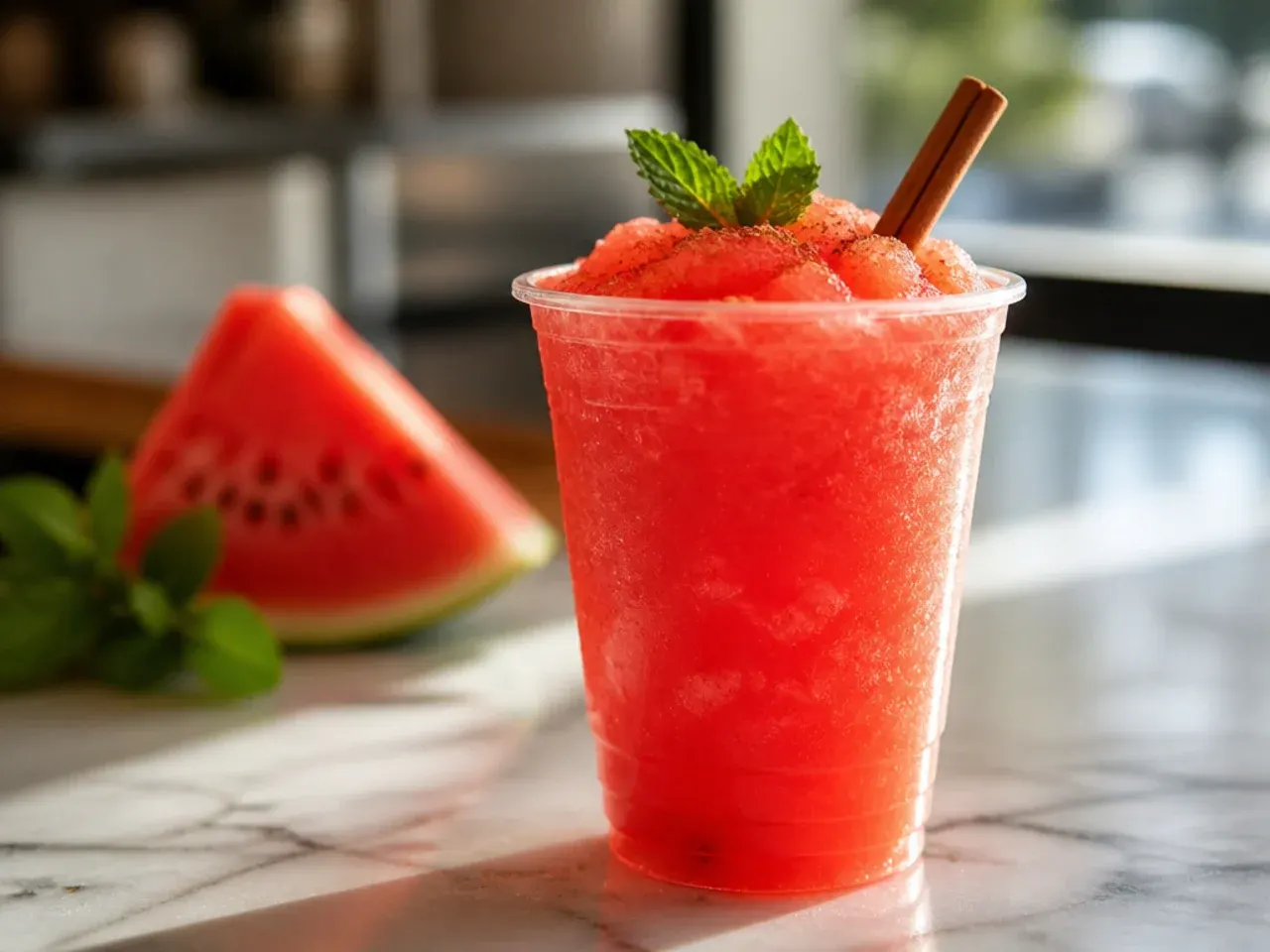 Pink watermelon slush topped with fresh mint leaves in a plastic cup
