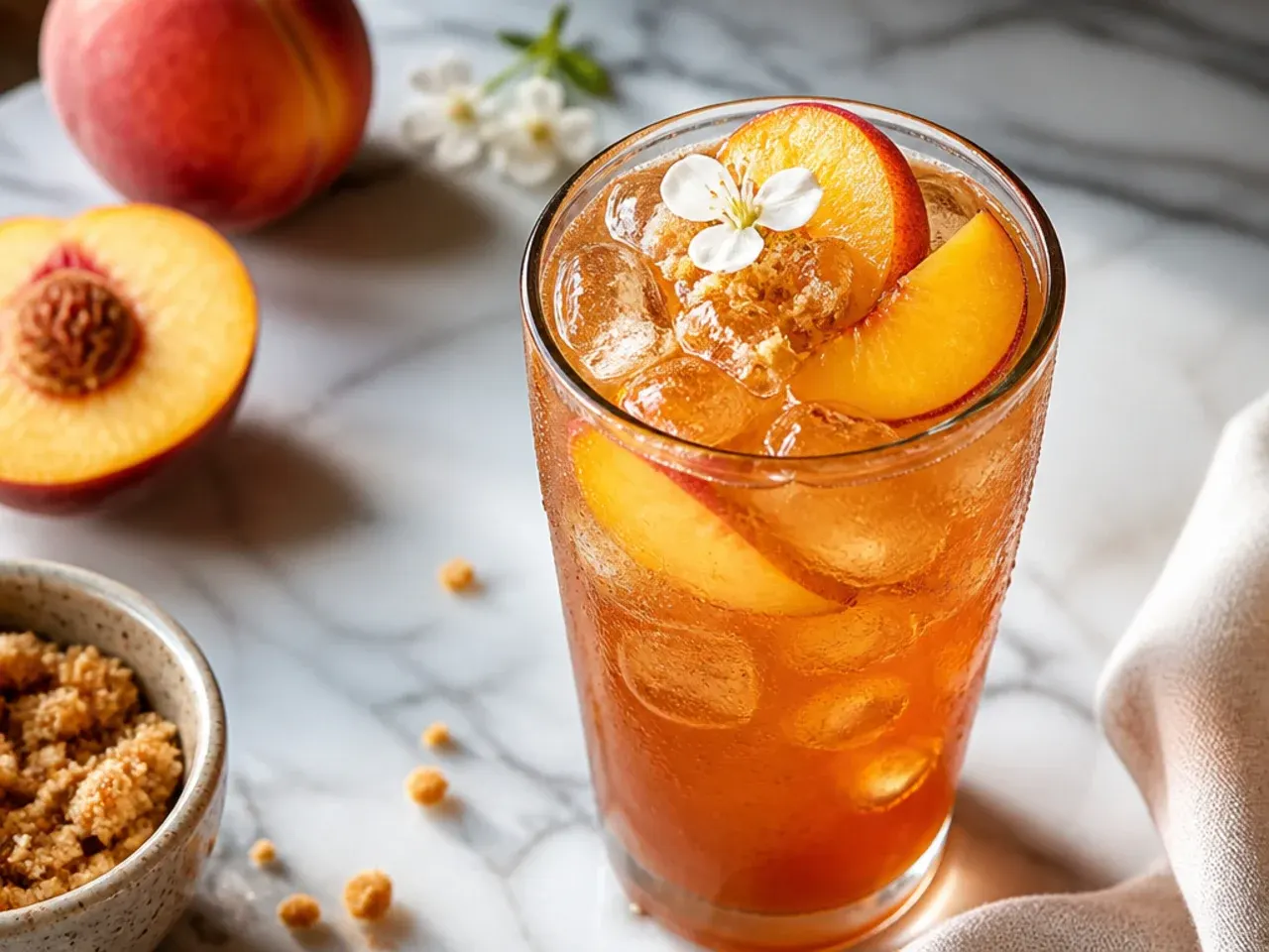 Amber peach sweet tea in a mason glass with a cinnamon stick garnish