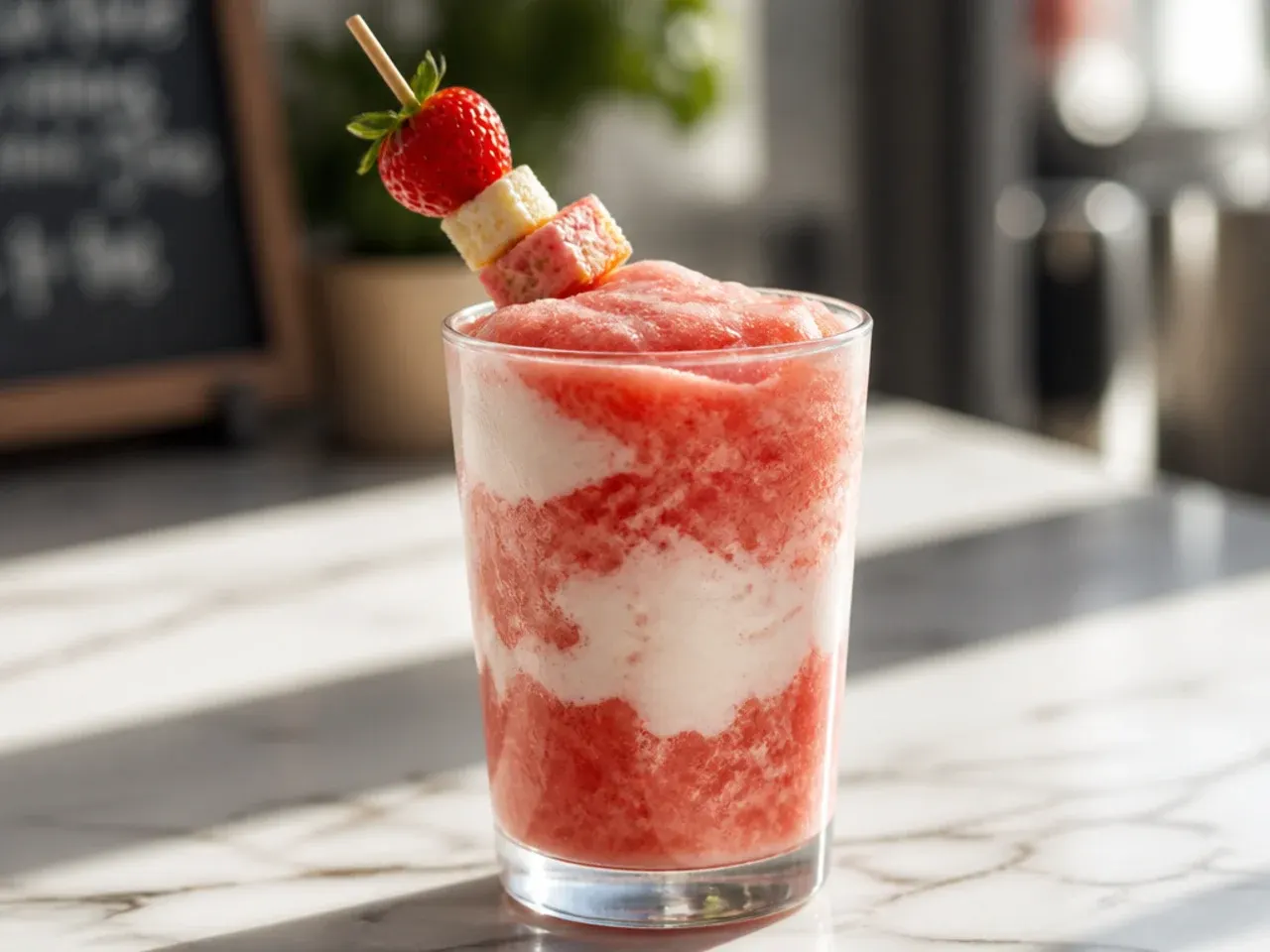 Pink strawberry cream slush with visible cream swirls in a clear plastic cup