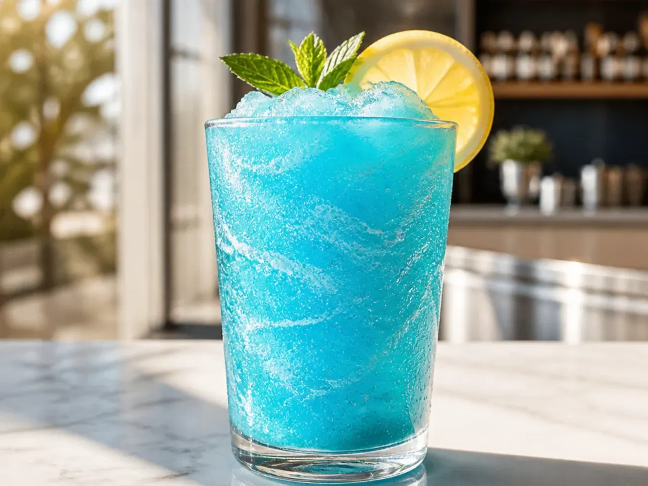 Bright blue coconut slush in a cup with a straw and shaved ice texture visible