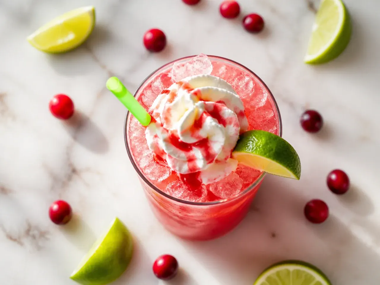 Ruby red cranberry limeade in a glass with a lime wheel garnish on the rim