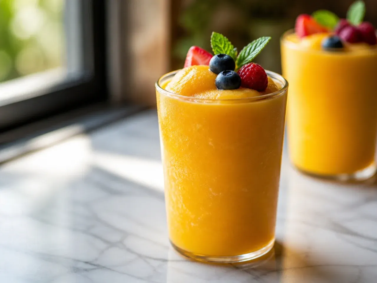 Golden orange mango slush in a tall cup with a mango slice garnish
