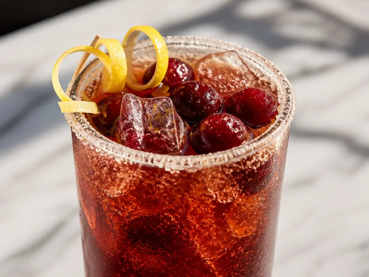 Glass of Dr Pepper with cherry syrup swirls and ice, garnished with a cherry