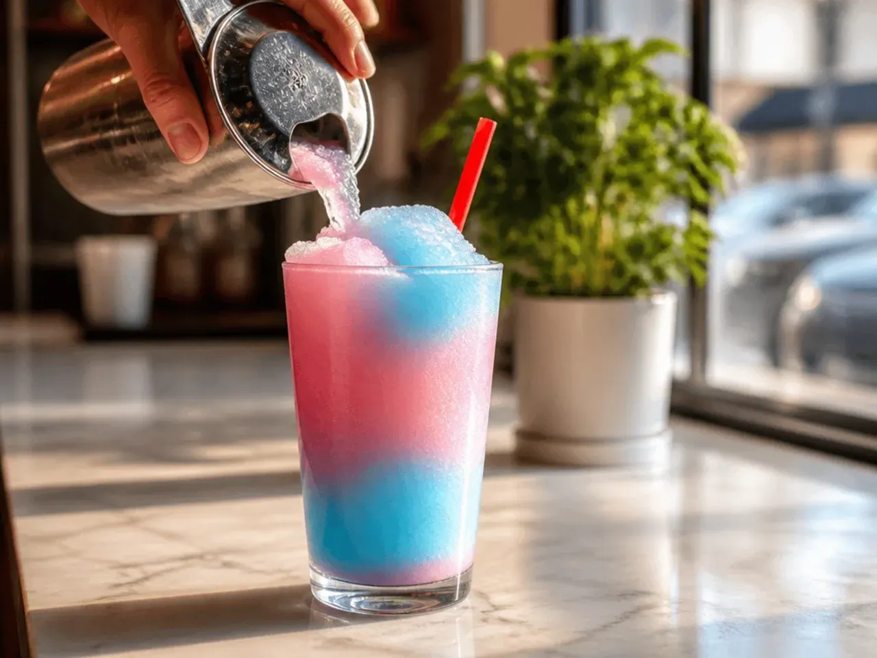 Swirled pink and blue cotton candy slush in a cup with a striped straw