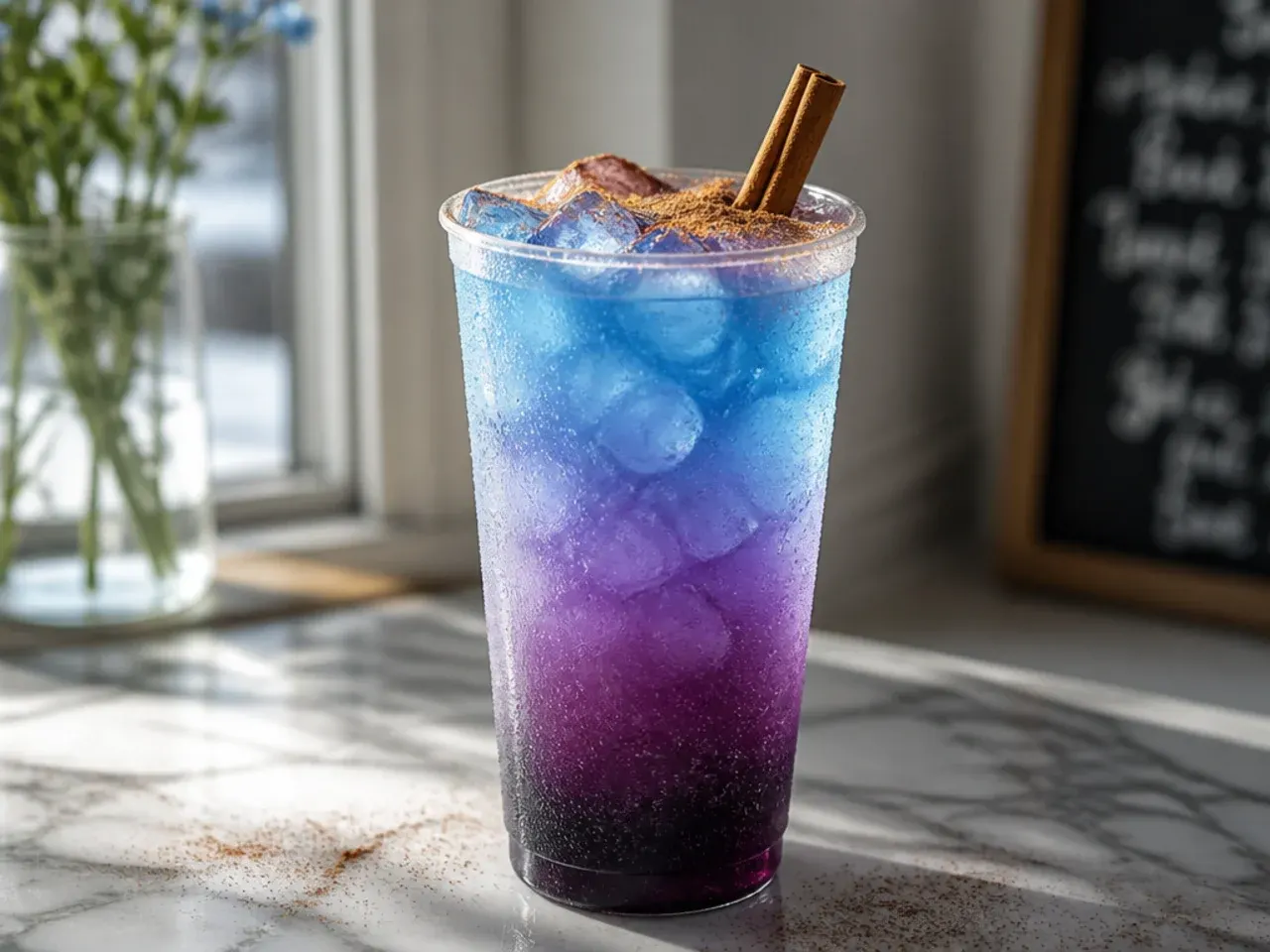 Layered purple and blue grape Ocean Water drink in a clear glass