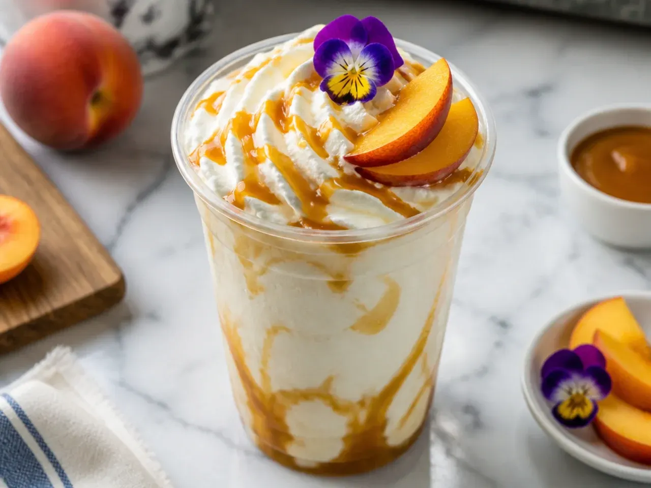 Thick butterscotch milkshake in a glass with syrup drizzled on top and a straw