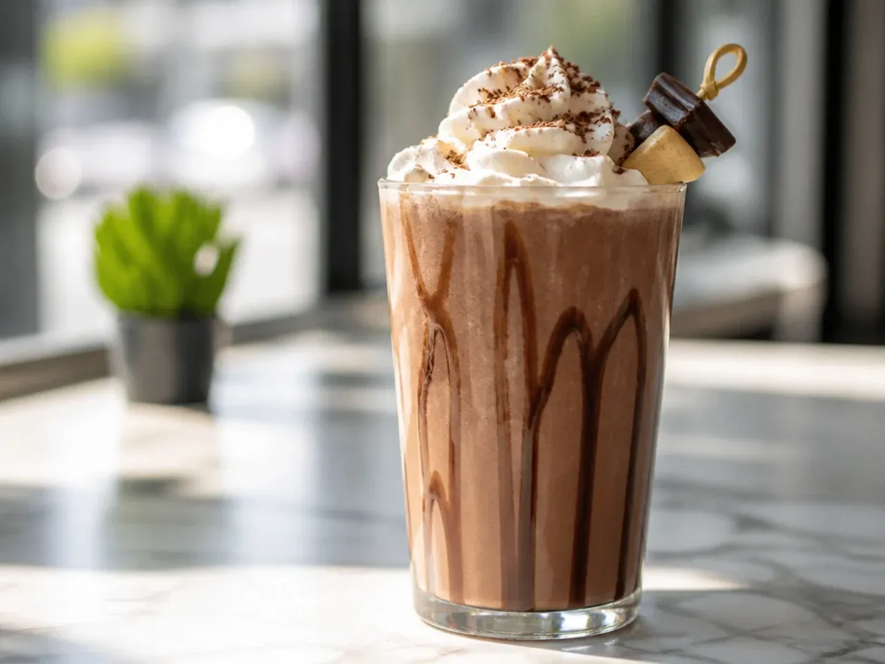 Chocolate cream pie milkshake topped with whipped cream and cookie crumbs