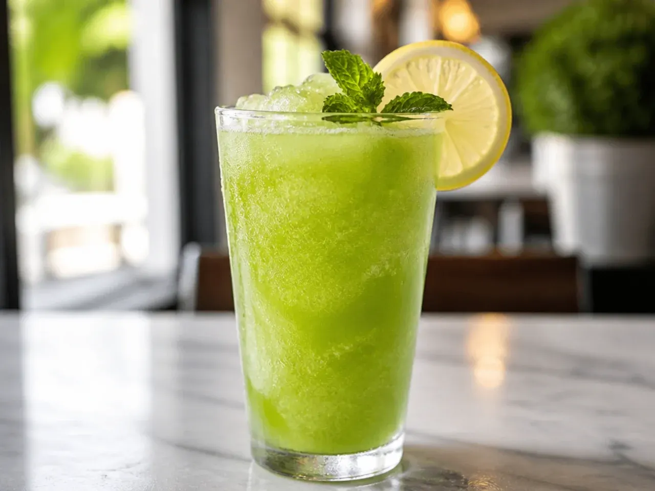 Bright green apple slush in a cup with a thin apple slice garnish on the rim