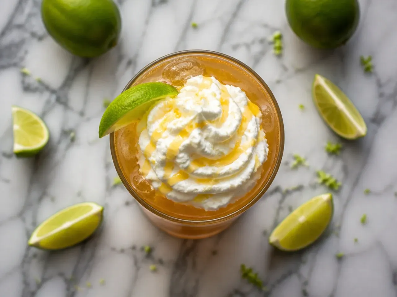 Amber sweet tea limeade in a glass with lime slices and mint over ice