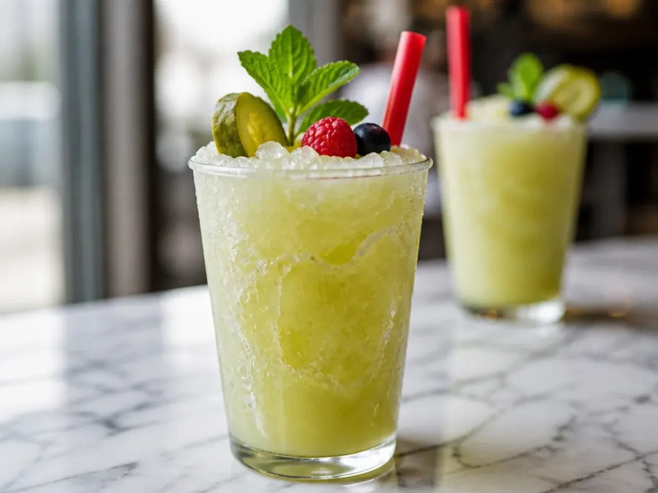 Pale green pickle juice slush in a clear cup with a mini pickle spear garnish