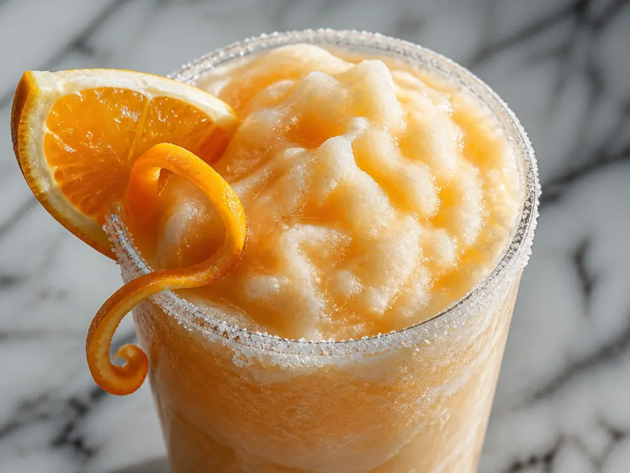 Orange cream slush with white cream swirls in a plastic cup and a straw
