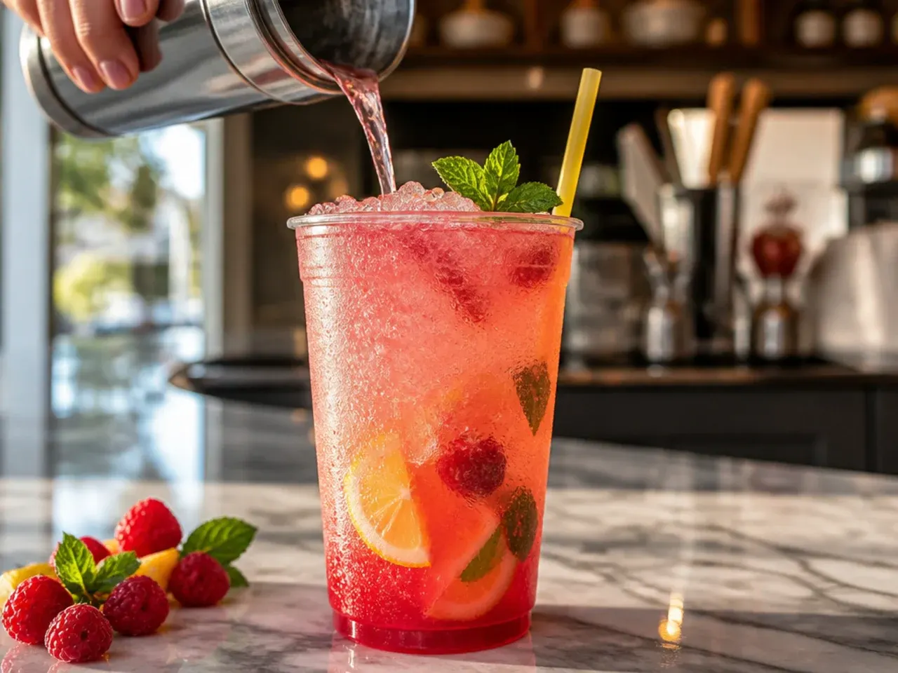 Yellow lemonade slush with red berry syrup swirls and mint garnish