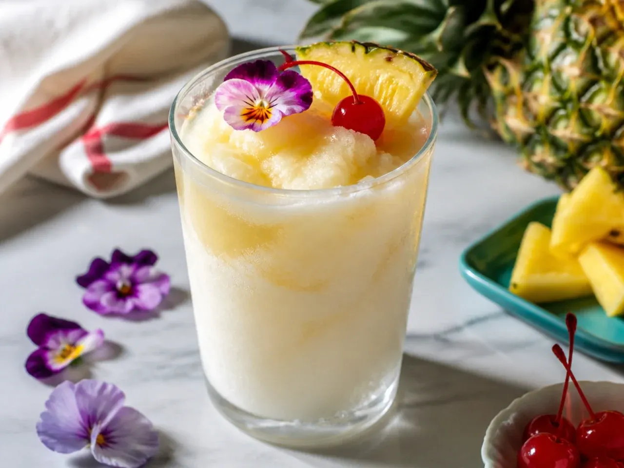Pale gold pina colada slush in a cup with a pineapple wedge garnish